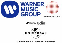 IMAGE: Logos of Warner Music, Sony Music, Universal Music, Suno and Udio