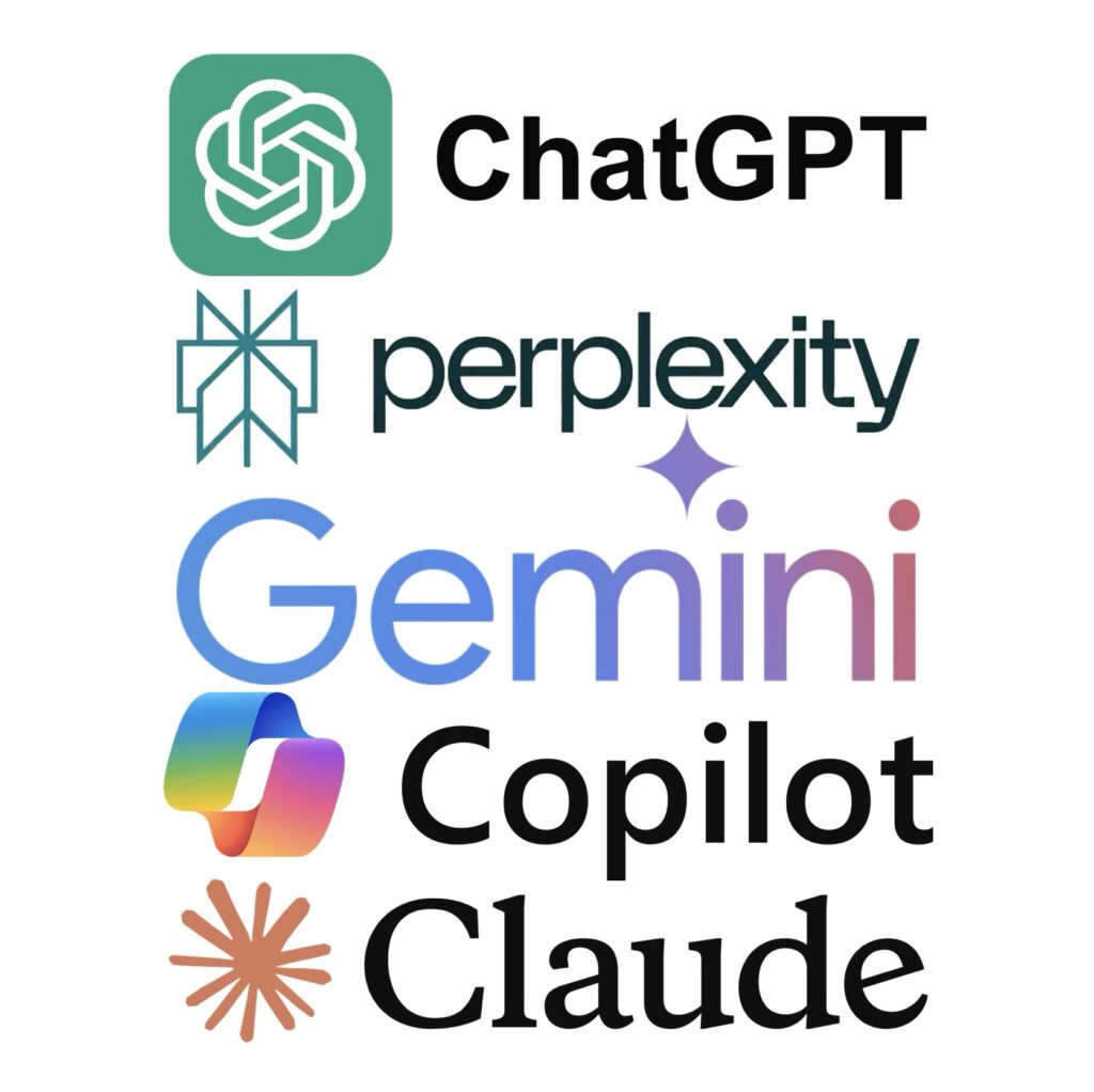 IMAGES: ChatGPT, Perplexity, Gemini, Copilot and Claude logos